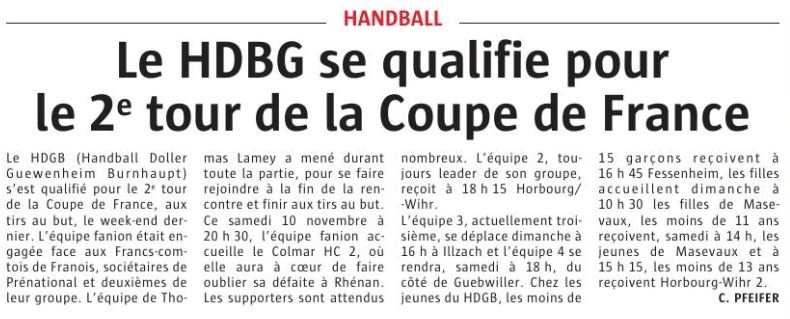 Le HDGB se qualifie pour le 2ème tour de la Coupe de France